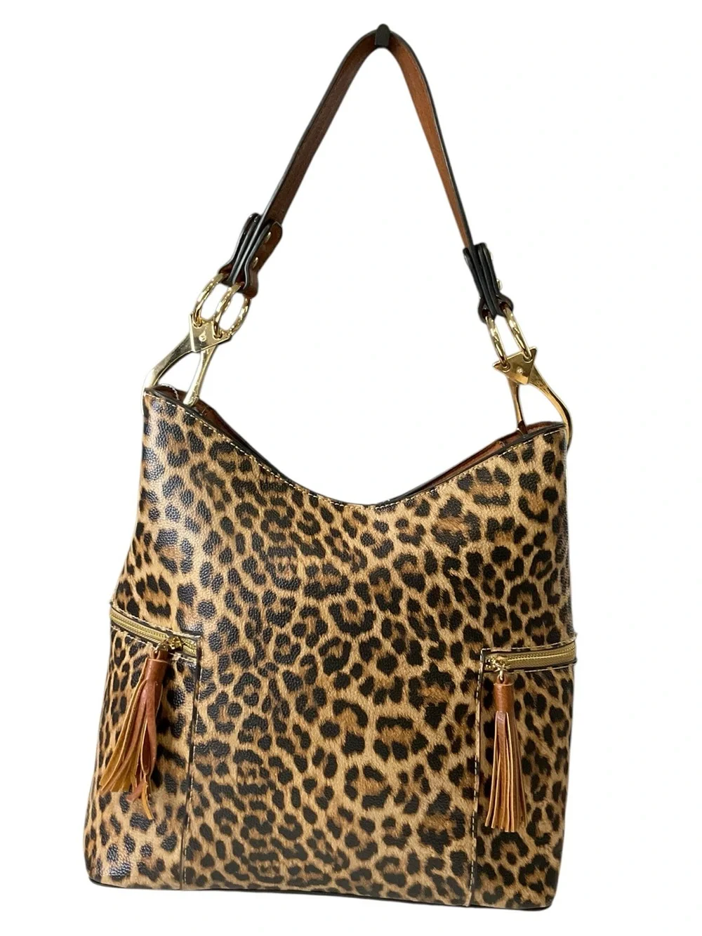 Jen & Co Leopard Print Hobo Bag with Tassel Zips - Brown